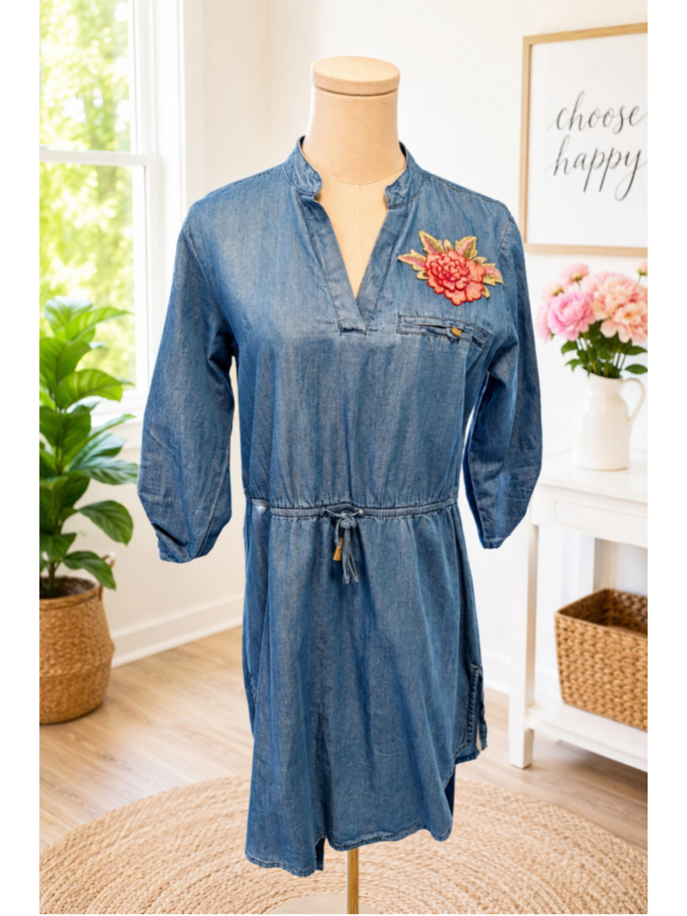 Speed Control New York Chambray Embroidered Floral Drawstring Shirt Dress Blue M